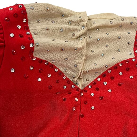 Girls Red Long Sleeve Rhinestone Ice Figure Skating Dress - Picture 6 of 12